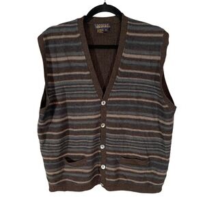 Bespoke Mens XL Striped V Neck Button Front Merino Wool Vest Dark Academia